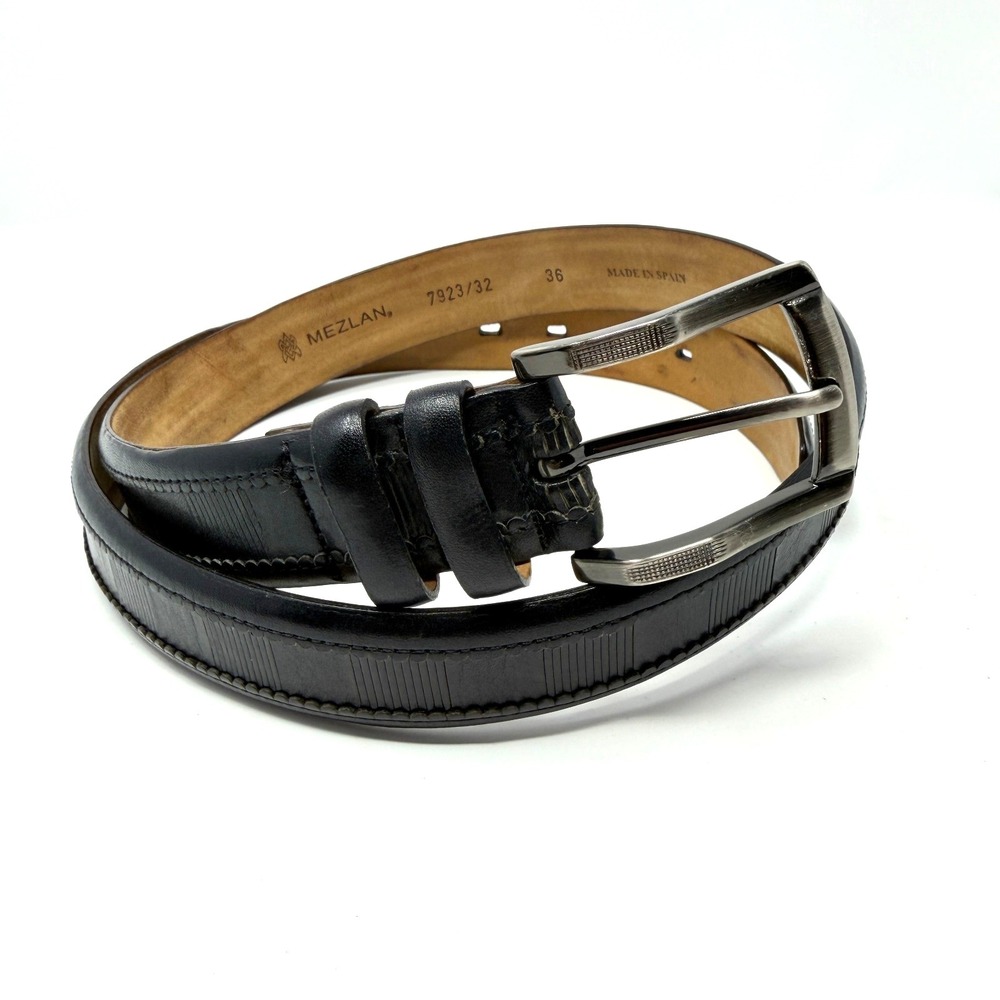 Mezlan Men's Leather Dress Belt Black Silver Buckle 36